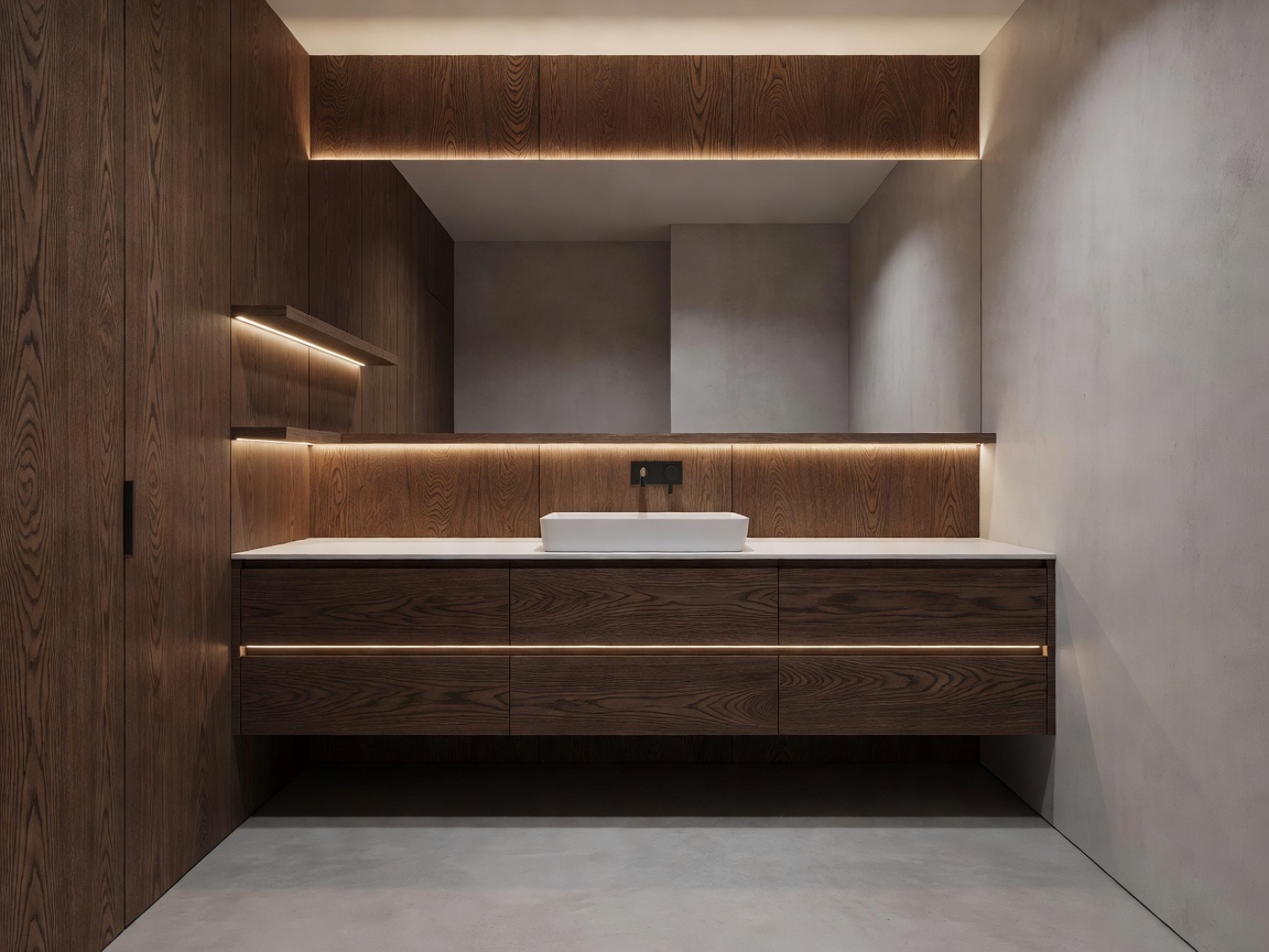 A modern and minimal bathroom utilizing smoked oak and custom warm ambient lighting, designed by JT Grupa.