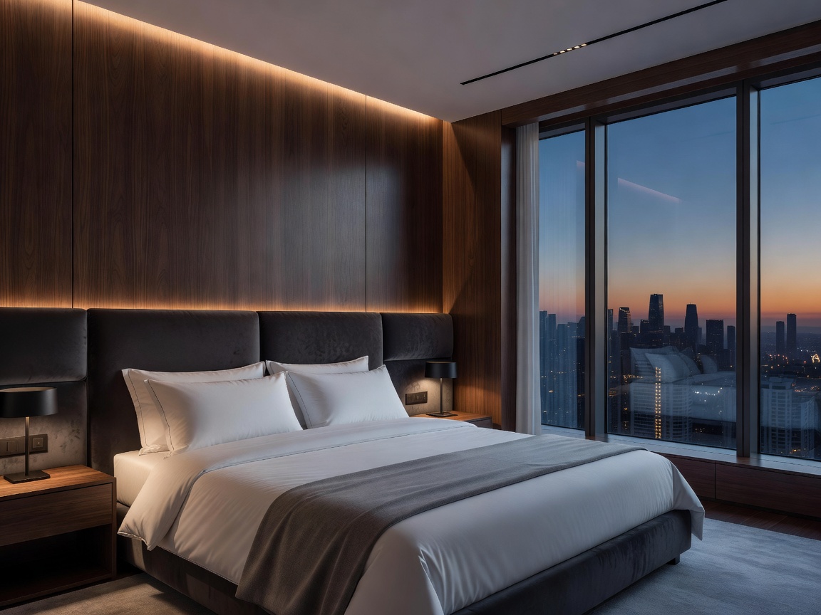 A sophisticated penthouse bedroom designed by Deer Design, featuring sleek wood panelling and a custom velvet headboard.