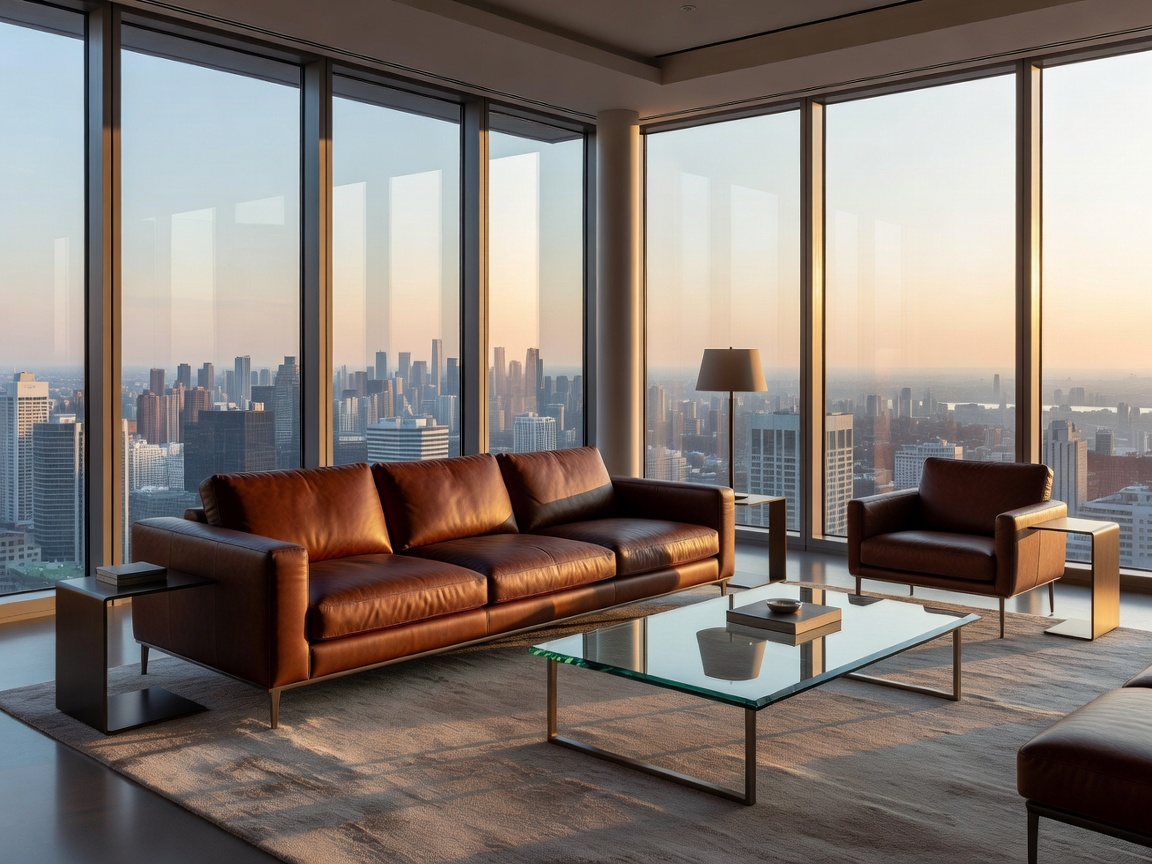 A stunning urban penthouse living room with custom dark leather furniture and glass structures by Deer Design.