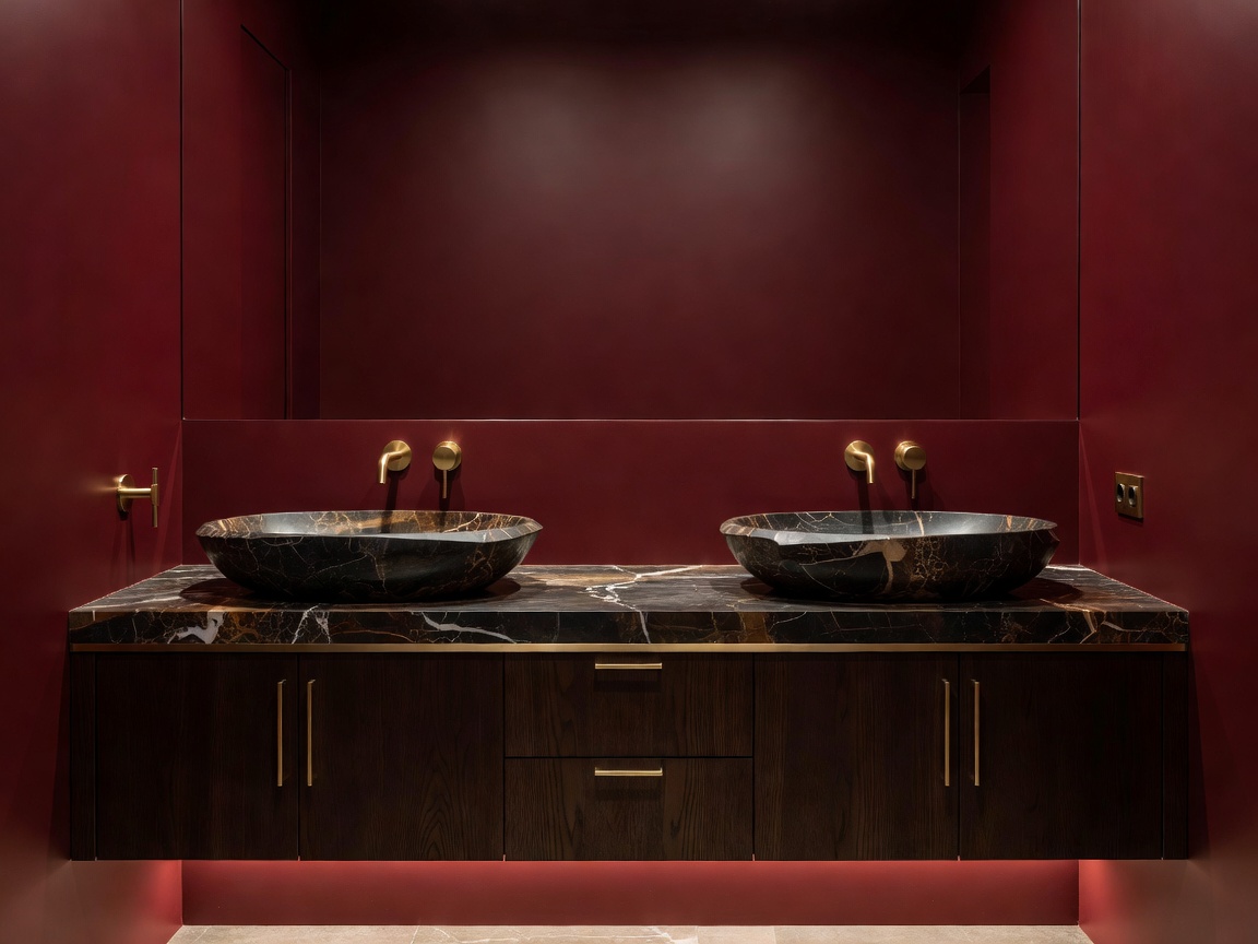 An exquisite custom bathroom vanity by HOLA Design, featuring rich burgundy walls, integrated brass details, and deep marble basins.