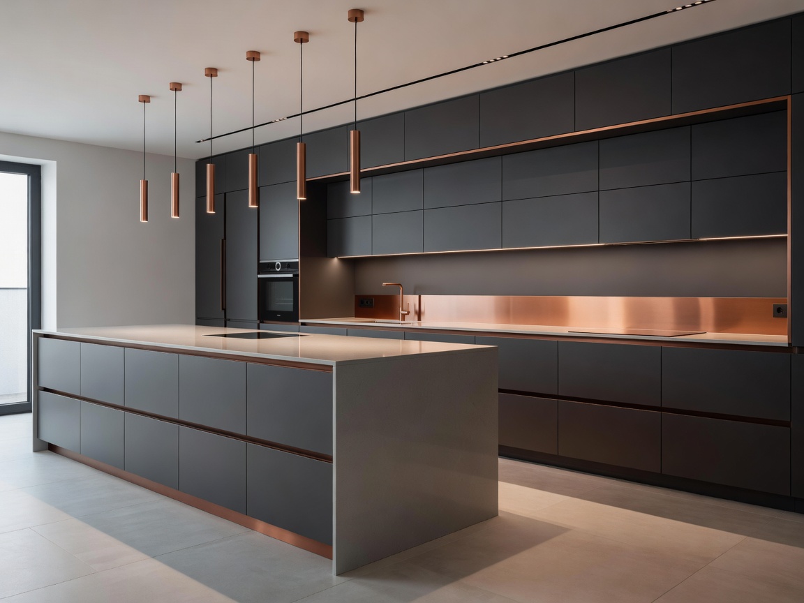 An ultra-modern kitchen space designed by JT Grupa, presenting linear architectural forms and warm copper highlights.