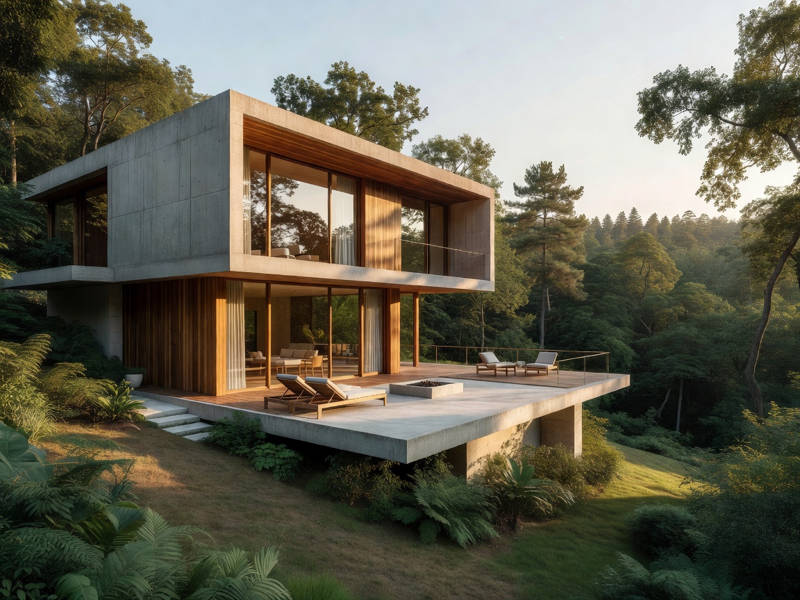 Beautiful contemporary concrete and natural wood luxury villa overlooking private forest surroundings.