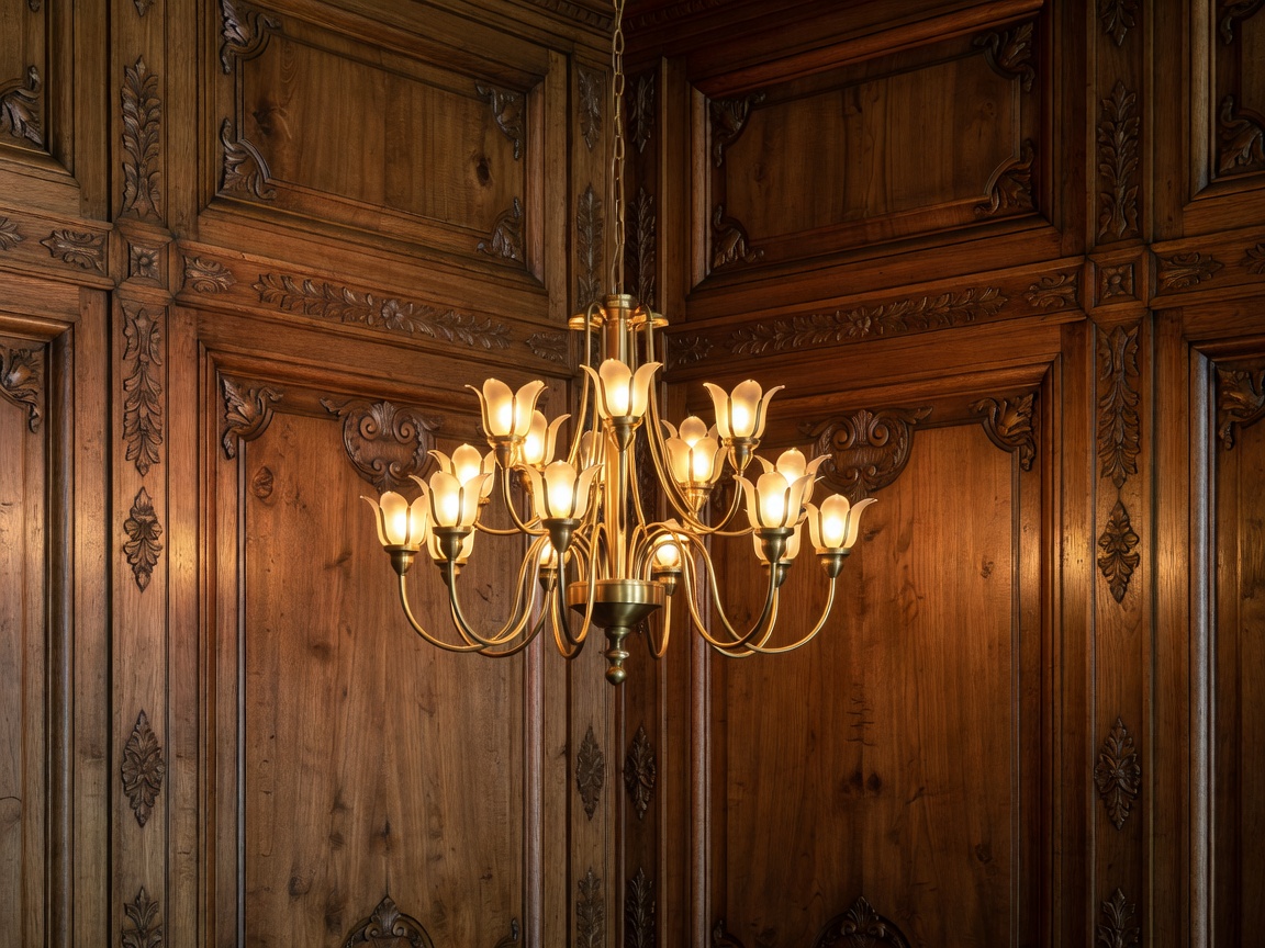Elegant golden light fixture hanging beside detailed wood paneling.