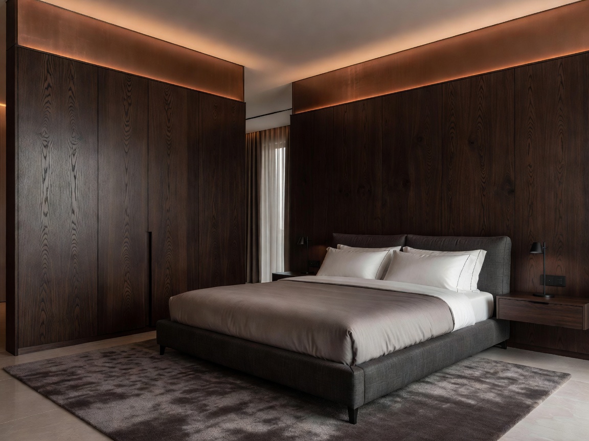 Executive guest bedroom featuring smoked dark natural wood panels and indirect warm copper lighting by KODO Projects.