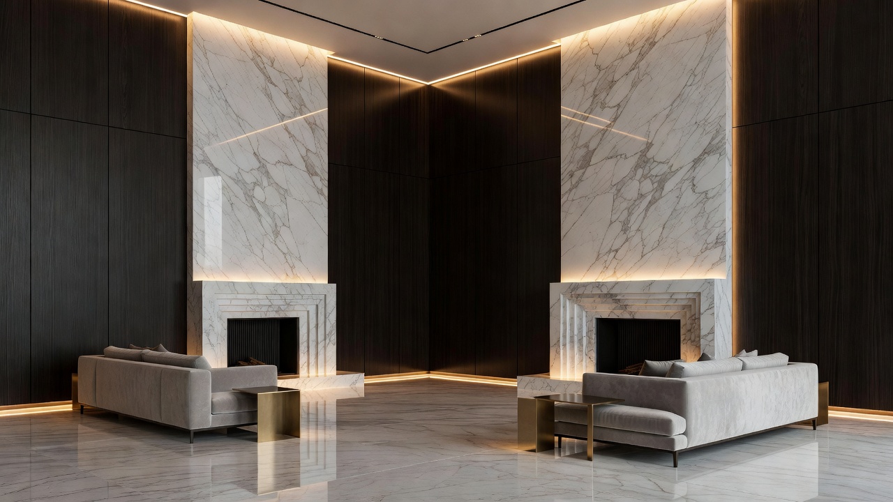 Exquisite modern luxury interior featuring dark wood panels, marble fireplaces, and soft gold ambient lighting.