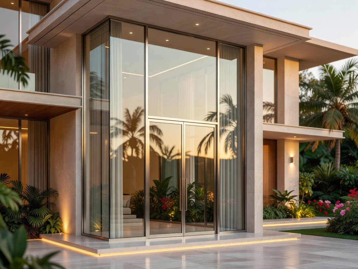 Exquisite private villa exterior, showcasing modern architectural form and large glass entryway, curated by HOLA Design.