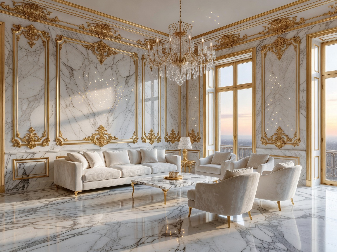 Luxurious residential living room designed by LuxArte, showcasing white Calacatta marble and hand-carved gold moldings.