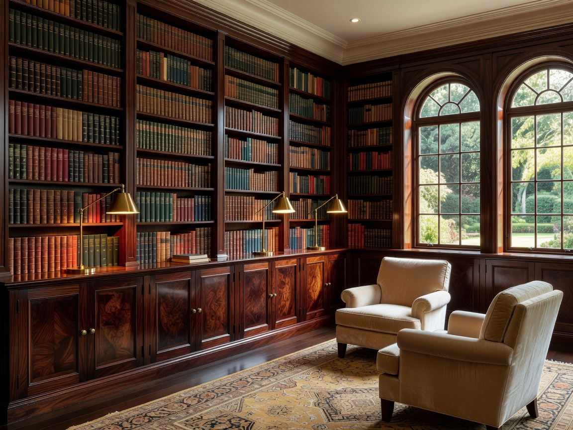 Luxury private estate library featuring rich dark bookshelves, custom reading seating, and champagne gold reading lamps.