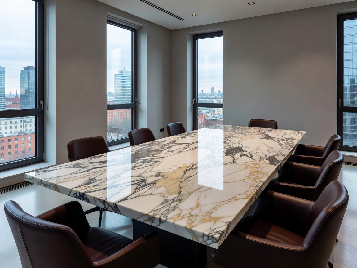 Polished white marble countertop detailed with bespoke gold accessories in our Warsaw office.