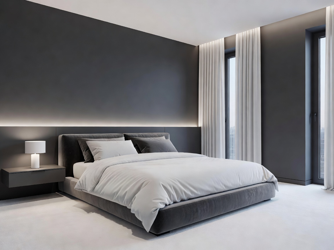 Modern luxury bedroom styled in exquisite warm gray, white, and subtle golden ambient backlighting schemes.