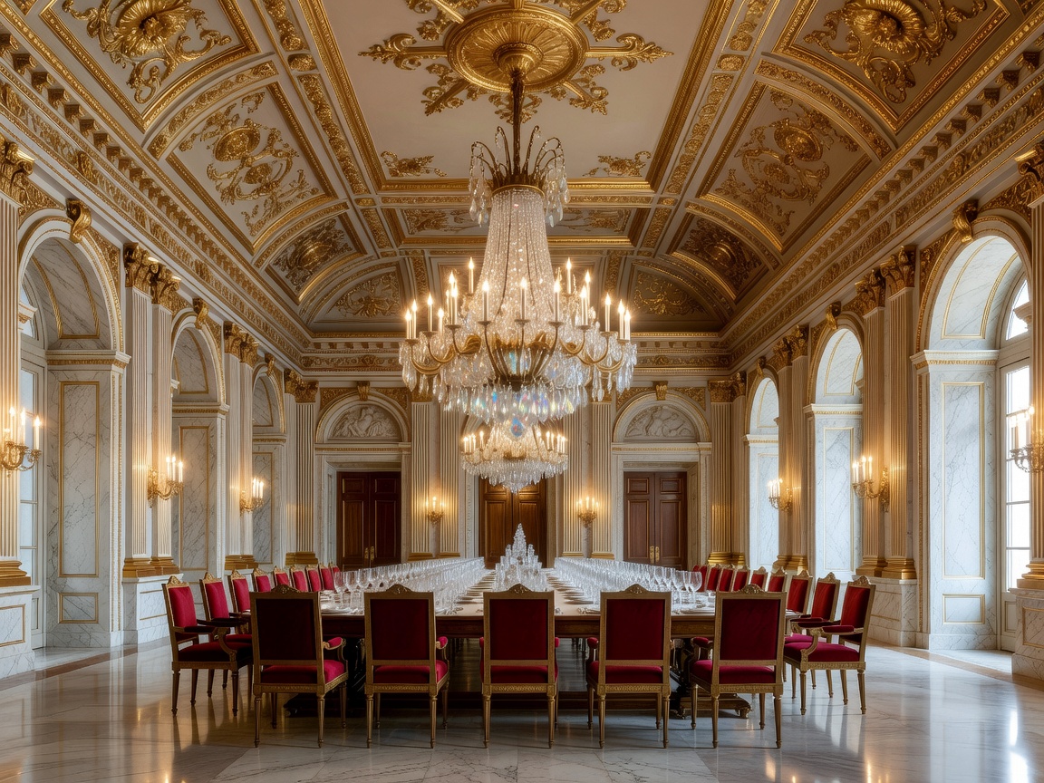 Neo-classical dining hall with intricate gold-leaf ceiling detail and massive crystal chandelier.