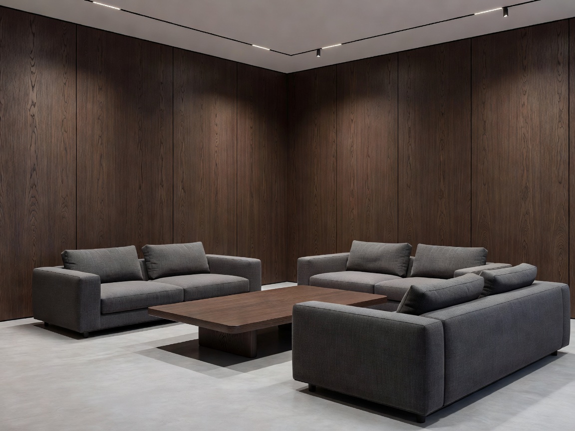 Sleek modern lounge area showcasing KODO Projects' mastery of turnkey execution, with custom smoked oak paneling and ambient light tracks.