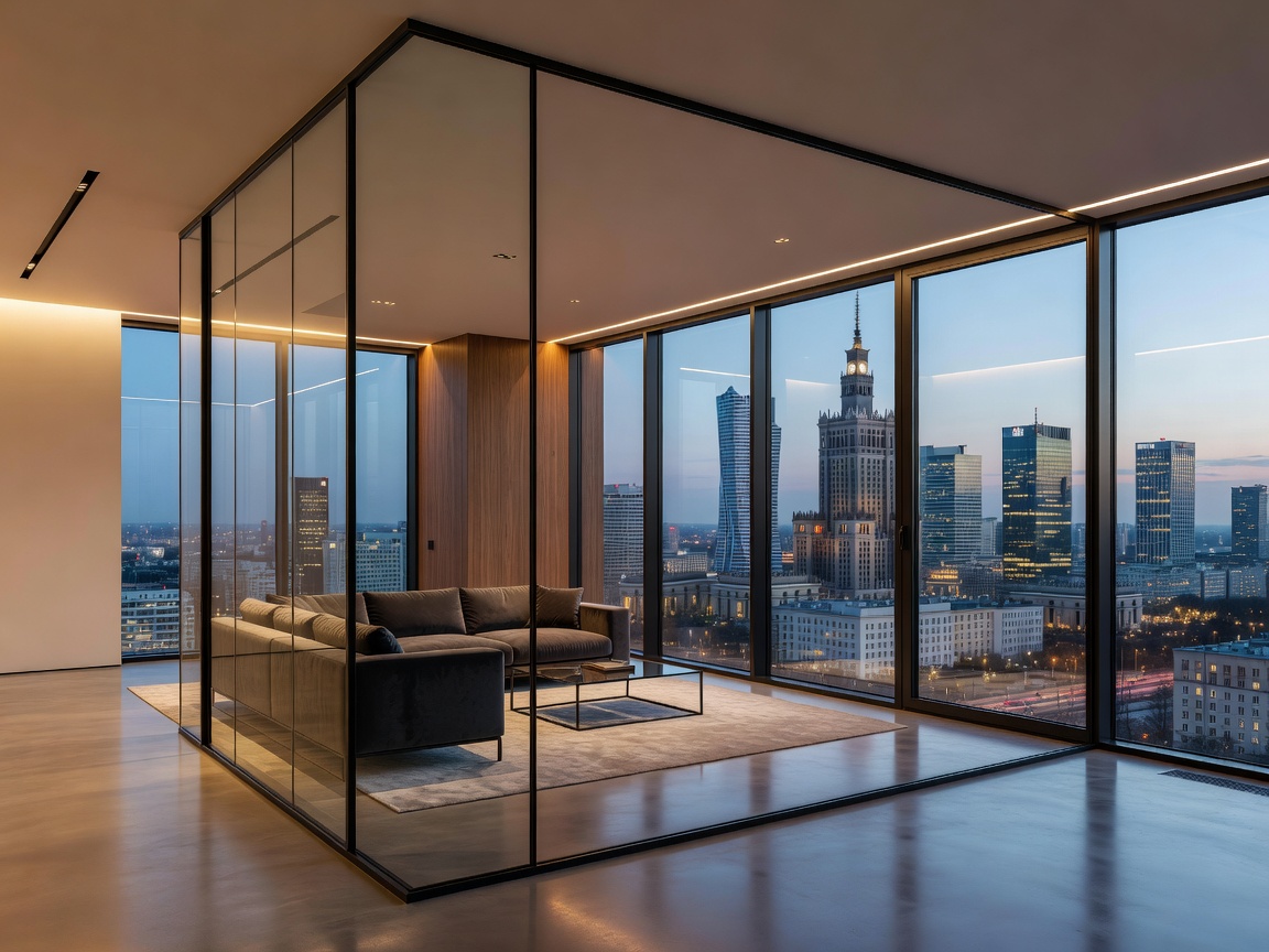 Sleek modern penthouse overlooking Warsaw skyline with warm elegant ambient lighting and premium stone detailing.
