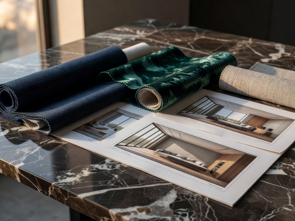 Sophisticated architectural rendering and physical fabric samples arranged neatly on a light stone luxury consultation table.
