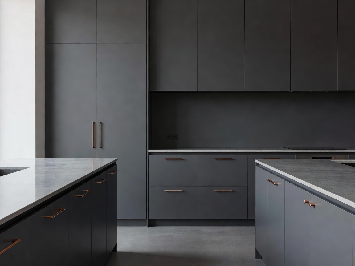 Ultra-clean custom kitchen layout with warm matte grey panels and subtle copper hardware.